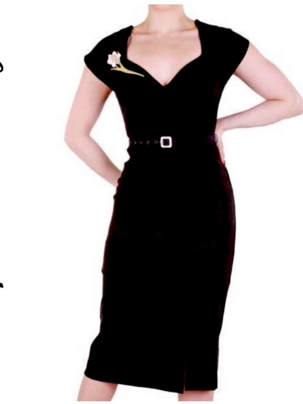 STOP STARING Black Paris Wiggle Dress Flower Daffodil Embroidery Pin-Up Sz L